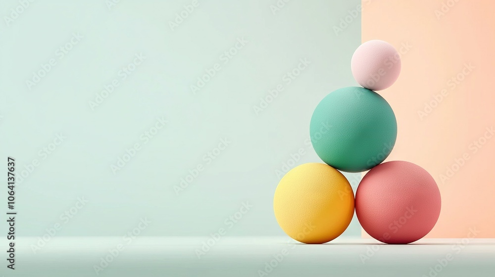 Fototapeta premium Three balls on top of each other, against a pink-green wall with a pastel backdrop