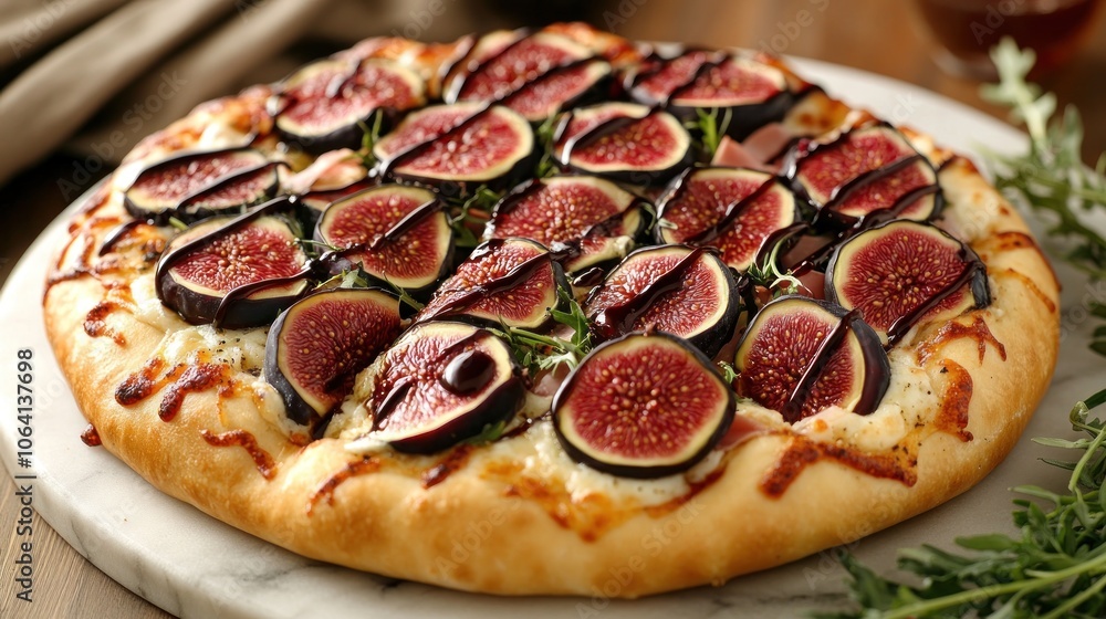 Gourmet fig and prosciutto pizza with balsamic glaze and rosemary. Gourmet fig and prosciutto pizza with balsamic glaze and rosemary.