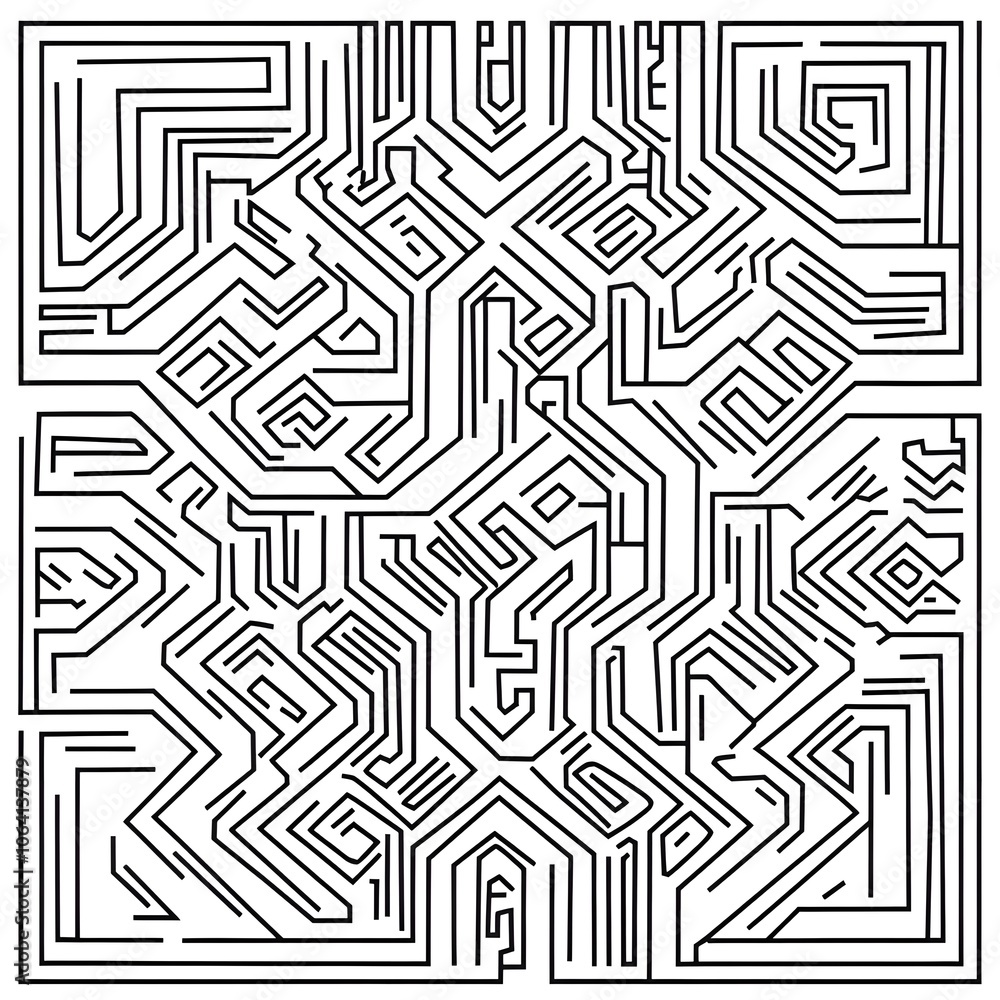 A black and white coloring page of complex, repeating geometric shapes that create a maze-like effect, bold outline, isolated on white background. A black and white coloring page of complex, repeating geometric shapes that create a maze-like effect, bold outline, isolated on white background.