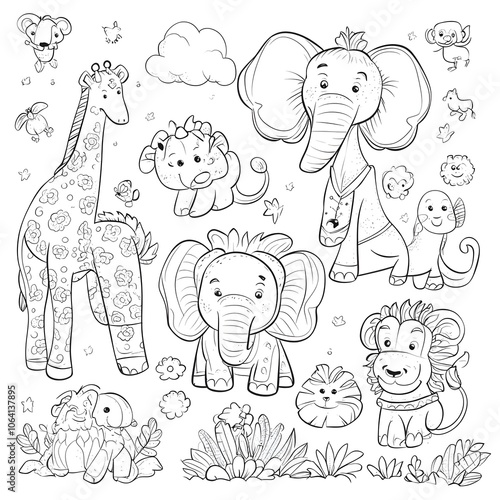 A black and white coloring page of cute zoo animals including an elephant, lion, giraffe, and monkey, each with bold outlines and simple features, isolated on white background photo