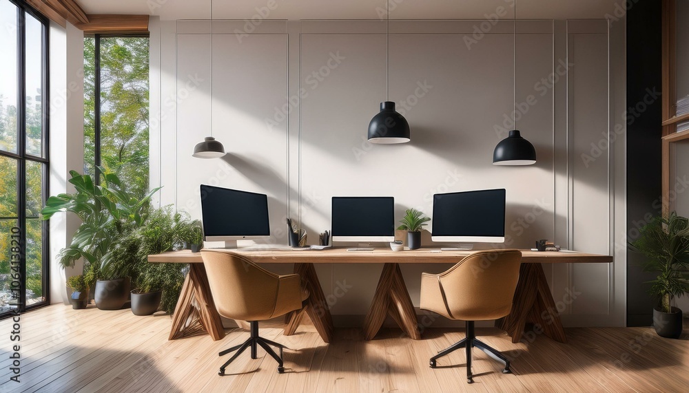 Cozy workplace interior with pc monitors and chairs, window. Mockup wall Cozy workplace interior with pc monitors and chairs, window. Mockup wall