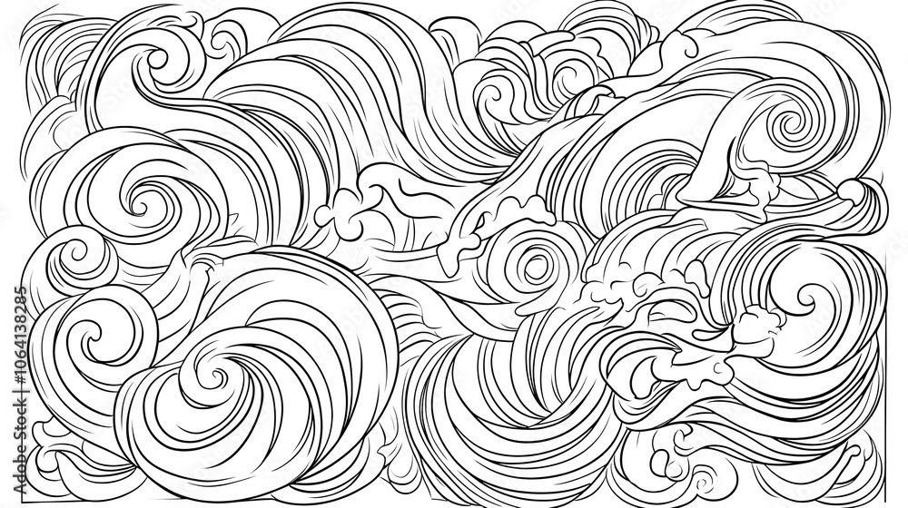 A black and white coloring page with complex, interconnected wave patterns in flowing swirls, bold outline, isolated on white background. A black and white coloring page with complex, interconnected wave patterns in flowing swirls, bold outline, isolated on white background.