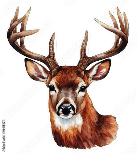 Watercolor illustration of deer head, showcasing antlers, brown fur, and expressive eyes, suitable for wildlife themes and nature designs. photo