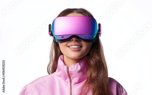 Smiling young pretty woman wearing a colored VR headset on a clean white background 