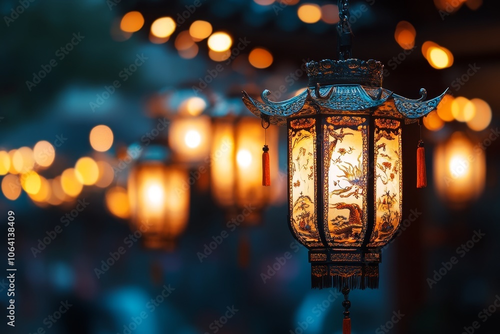 Beautifully crafted lanterns illuminate an evening market in an ancient town, creating a warm and inviting atmosphere Beautifully crafted lanterns illuminate an evening market in an ancient town, creating a warm and inviting atmosphere