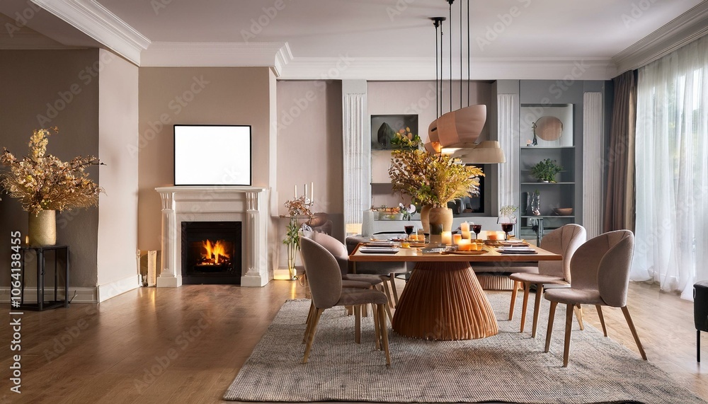 Fototapeta premium Elegant home living room interior with eating table and fireplace, mockup frame
