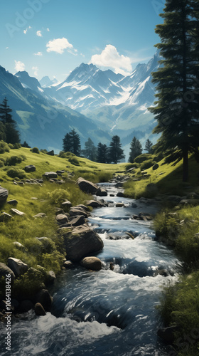 Mountain Stream Flowing Through Green Valley with Snowy Peaks