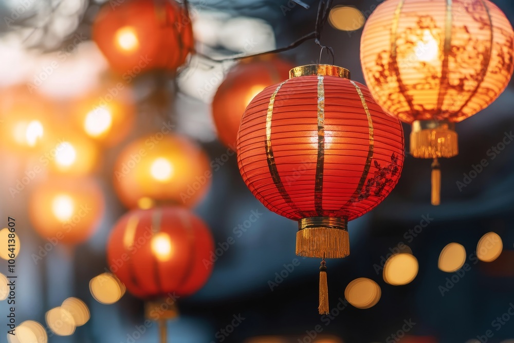 Colorful hanging lanterns illuminate a festive evening during a cultural celebration in an urban setting Colorful hanging lanterns illuminate a festive evening during a cultural celebration in an urban setting