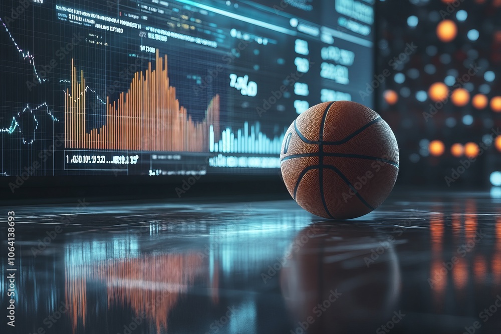 Basketball ball on the background of a display with analytics and statistics graphs