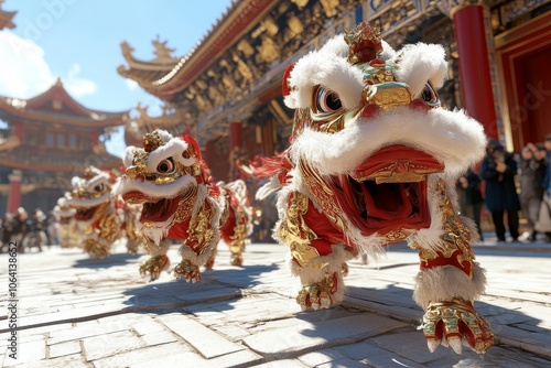 Celebratory lion dance performers parading through a vibrant temple courtyard during a festive cultural event photo