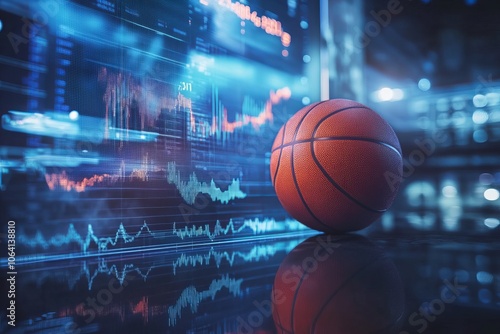 Obraz na płótnie Basketball ball on the background of a display with analytics and statistics graphs w salonie