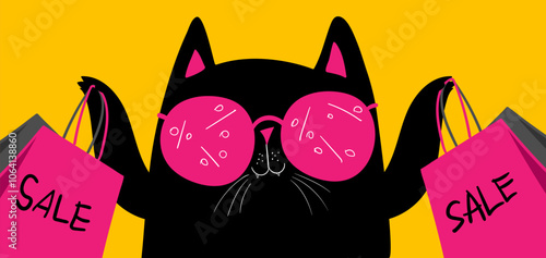 Cartoon characters black cat shopping. Kawaii black cat in pink glasses with shopping bags. Discounts, sale, black Friday. Online banner, flyer, card, coupon and other