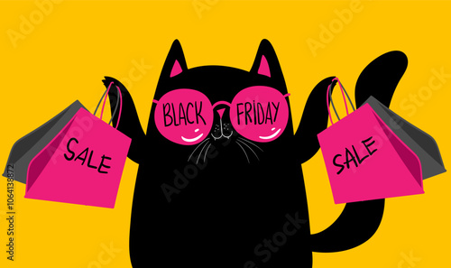 Cartoon characters black cat shopping. Kawaii black cat in pink glasses with shopping bags. Discounts, sale, black Friday. Online banner, flyer, card, coupon and other