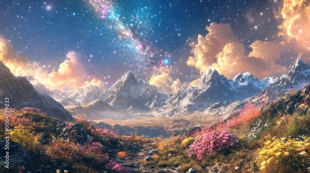 A breathtaking view of a snow-capped mountain range with a colorful sky filled with stars. The mountains are surrounded by a field of wildflowers. A breathtaking view of a snow-capped mountain range with a colorful sky filled with stars. The mountains are surrounded by a field of wildflowers.
