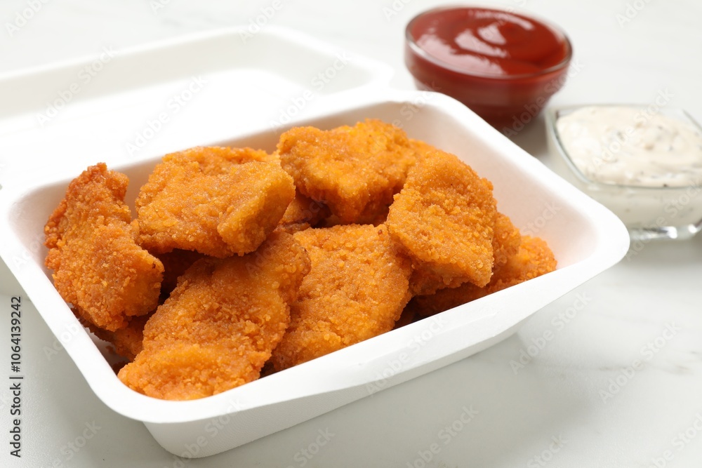 Tasty chicken nuggets and sauces on white marble table, closeup Tasty chicken nuggets and sauces on white marble table, closeup