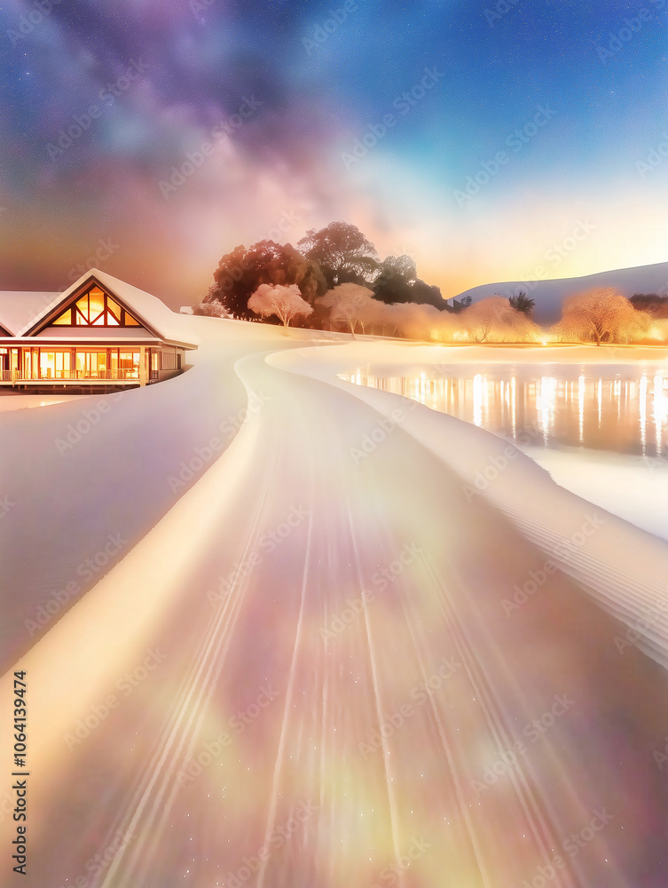 Christmas Winter background with Frosty road and Beautiful winter landscape in the mountains, with a dreamy and magical feel Christmas Winter background with Frosty road and Beautiful winter landscape in the mountains, with a dreamy and magical feel