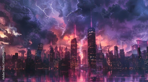 Lightning storm over city in purple light. 