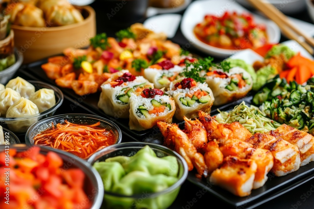 A vibrant display of assorted Asian cuisine featuring sushi, dim sum, and various appetizers at a bustling restaurant setting A vibrant display of assorted Asian cuisine featuring sushi, dim sum, and various appetizers at a bustling restaurant setting