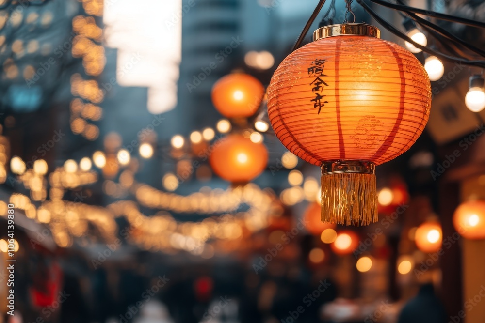 A vibrant lantern illuminates a lively evening street market in a city, surrounded by twinkling lights and bustling activity