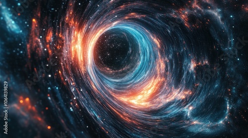 A swirling, fiery black hole against a backdrop of stars.