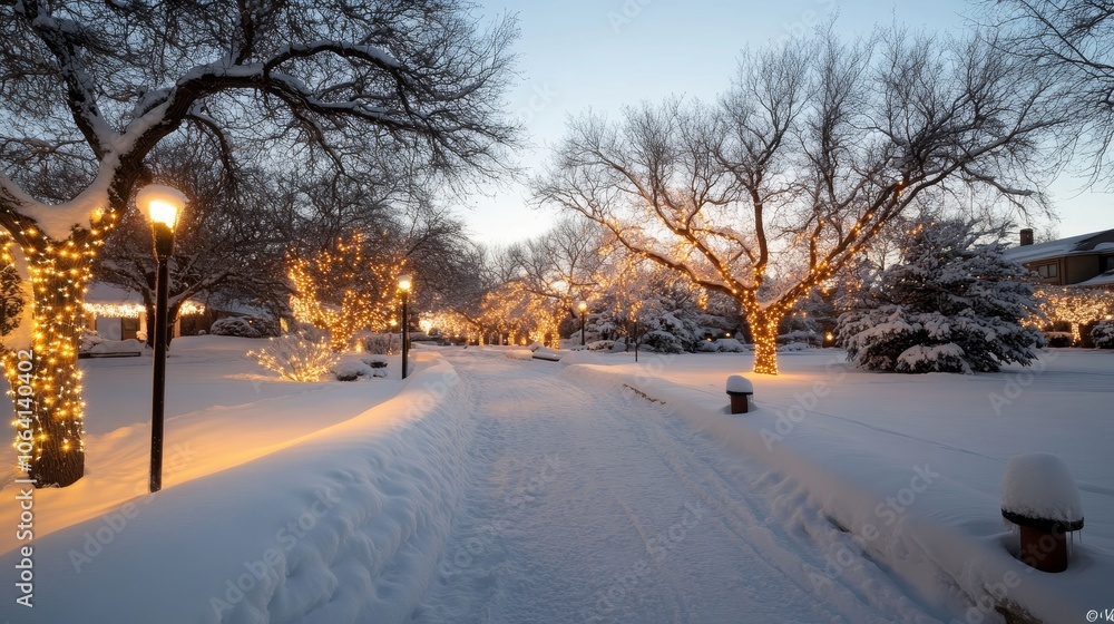 Snow-covered trees adorned with warm Christmas lights, soft snowfall creating a magical winter wonderland, twilight sky, wide-angle view Snow-covered trees adorned with warm Christmas lights, soft snowfall creating a magical winter wonderland, twilight sky, wide-angle view