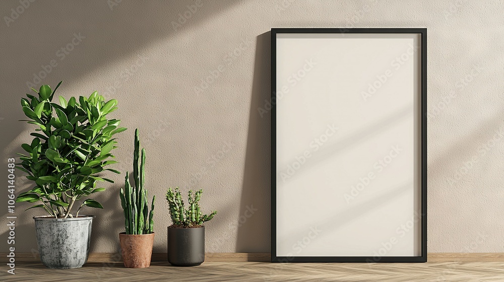 Three potted plants on a wooden floor in front of a white wall with a black frame, next to a single potted plant Three potted plants on a wooden floor in front of a white wall with a black frame, next to a single potted plant