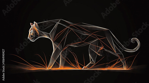  A stylized image of a cat on a black background with orange and white lines emerging from its body