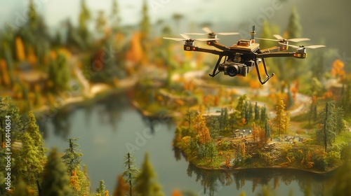 High-detail Images of Paper-crafted Drone Models Flying over Miniature Scenic Landscapes photo