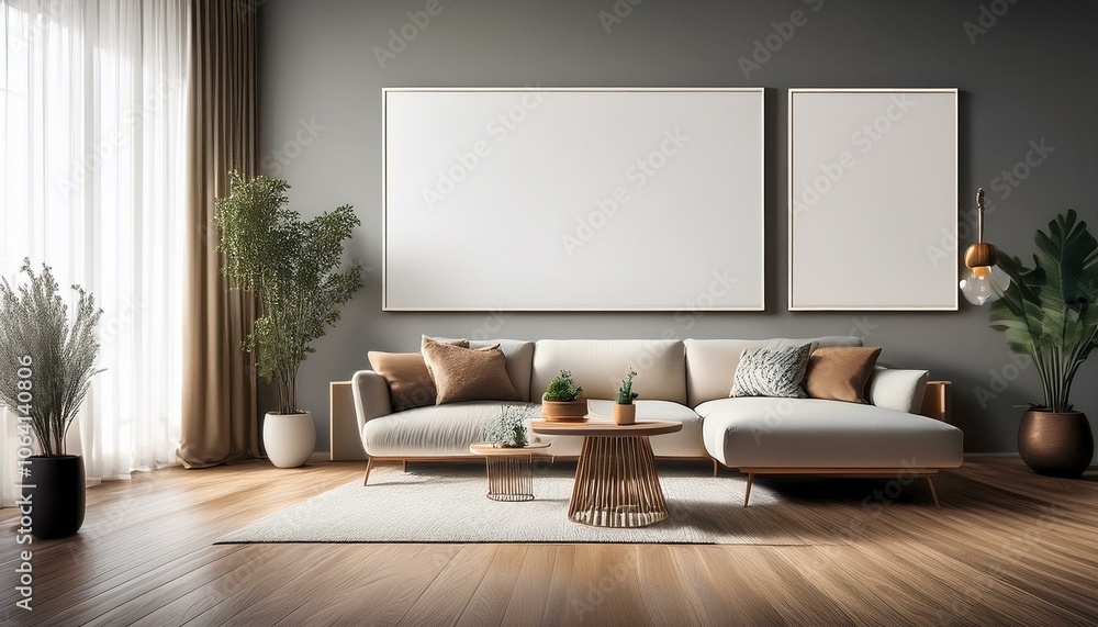 Mock up empty posters on the wall. Modern living room interior. Wooden floor and stylish furniture. Concept of contemporary design. Mock up empty posters on the wall. Modern living room interior. Wooden floor and stylish furniture. Concept of contemporary design.