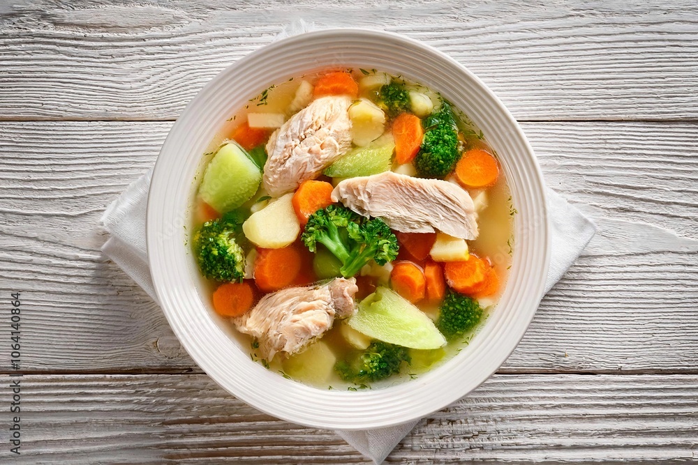 Homemade chicken vegetable soup, overhead view on a white wood background Homemade chicken vegetable soup, overhead view on a white wood background