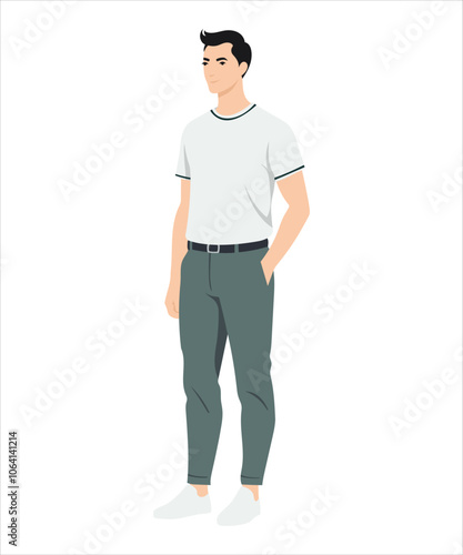 Vector illustration on a white background. Young man in a white T-shirt and light blue trousers, stands straight, hands in pockets.