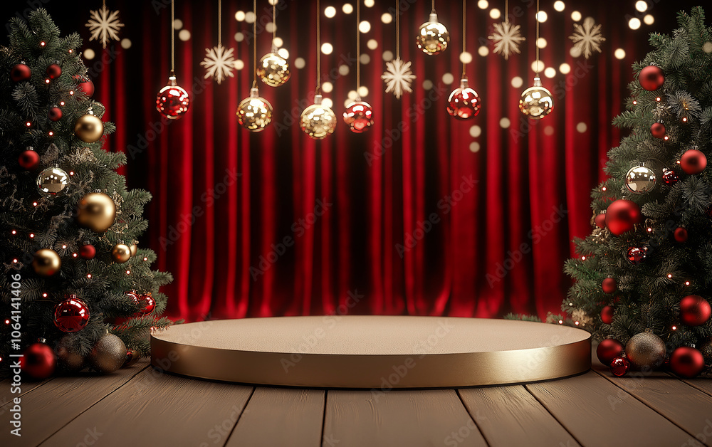 Concept of a festive red backdrop featuring Christmas trees and a red podium in the foreground, surrounded by ornaments for a product demonstration Concept of a festive red backdrop featuring Christmas trees and a red podium in the foreground, surrounded by ornaments for a product demonstration