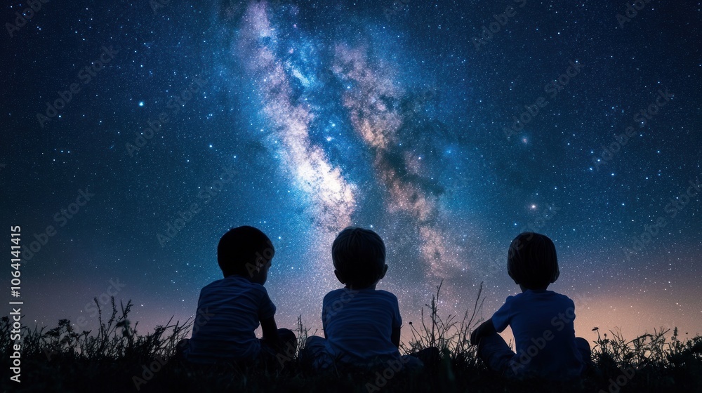 Three children sit together in silhouette, looking up at the milky way in the night sky. Three children sit together in silhouette, looking up at the milky way in the night sky.