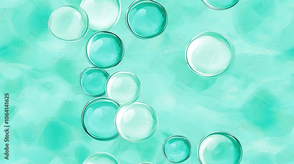 A macro shot of a blue-green backdrop dotted with soap bubble clusters, centering on a white ring A macro shot of a blue-green backdrop dotted with soap bubble clusters, centering on a white ring