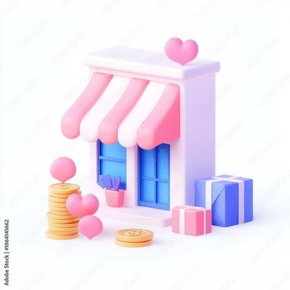 Charming pastel store with decorations, gifts, and coins, white isolated background. Charming pastel store with decorations, gifts, and coins, white isolated background.