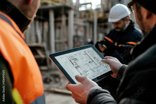 Everyone needs to be on the same page. Shot of a group of architects using a digital tablet at a building site.	 photo