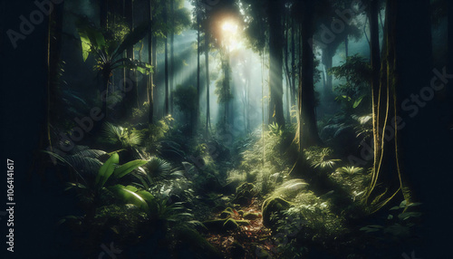 Fototapeta Naklejka Na Ścianę i Meble -  Dark rainforest, sun rays through the trees, rich jungle greenery. Atmospheric fantasy forest