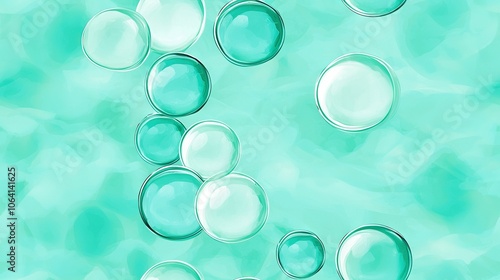  A macro shot of a blue-green backdrop dotted with soap bubble clusters, centering on a white ring