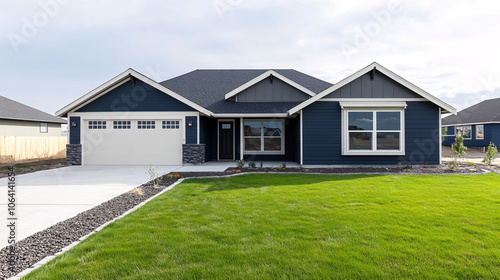 modern blue and white suburban house with green lawn