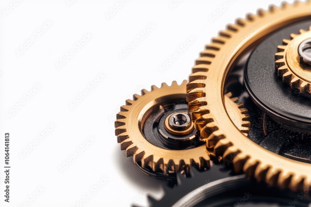 Close-up of intricate metallic gears, showcasing detailed craftsmanship and engineering on a white background. Close-up of intricate metallic gears, showcasing detailed craftsmanship and engineering on a white background.