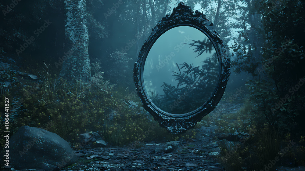 Gothic mirror reflecting dark forest in a mystical and eerie setting. concept gothic aesthetics, dark ambient, mystical photography, eerie atmosphere, reflective elements. Mystical. Illustration Gothic mirror reflecting dark forest in a mystical and eerie setting. concept gothic aesthetics, dark ambient, mystical photography, eerie atmosphere, reflective elements. Mystical. Illustration