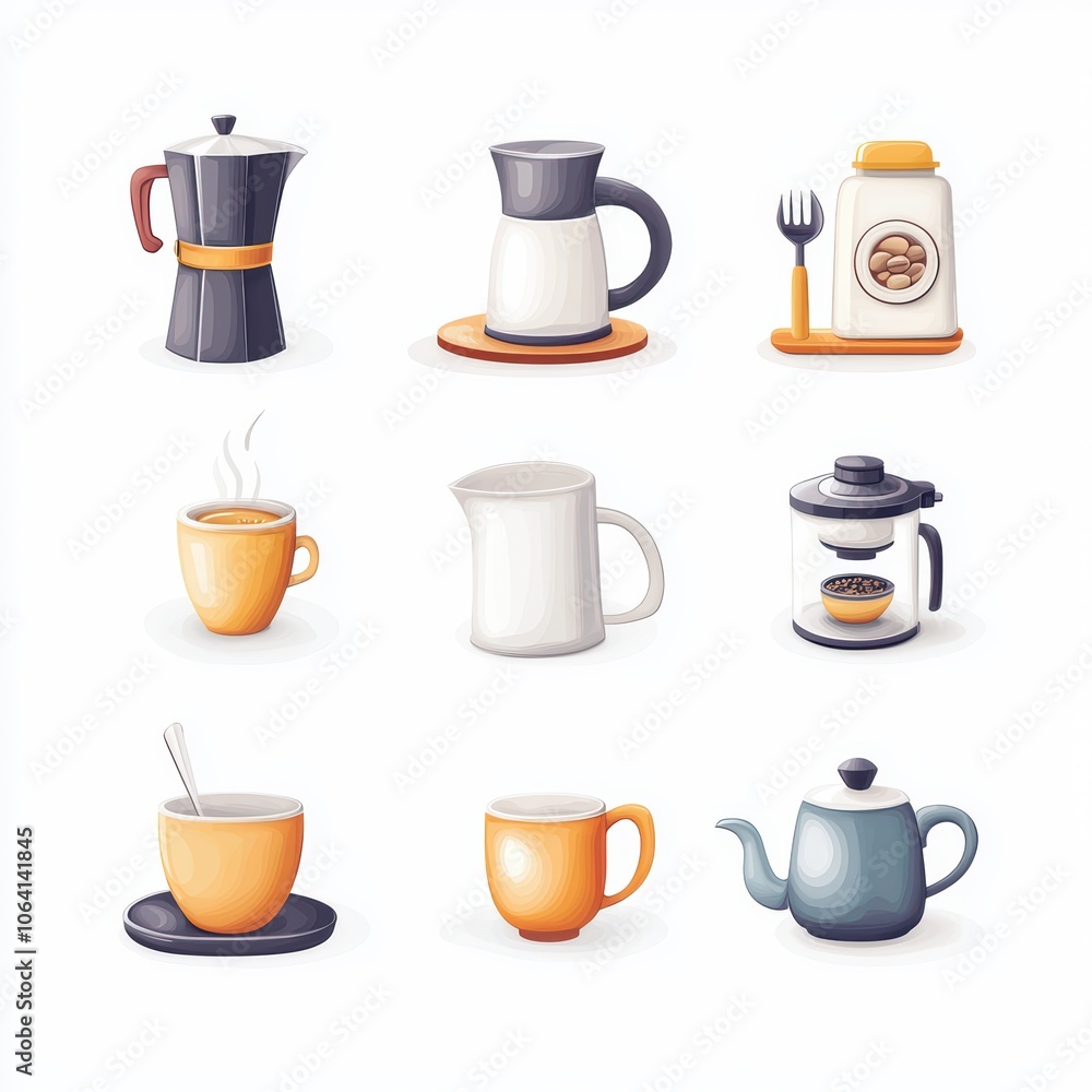 Collection of coffee and tea accessories on a white background, ideal for beverage enthusiasts. Collection of coffee and tea accessories on a white background, ideal for beverage enthusiasts.