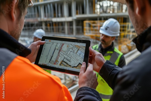 Everyone needs to be on the same page. Shot of a group of architects using a digital tablet at a building site.	