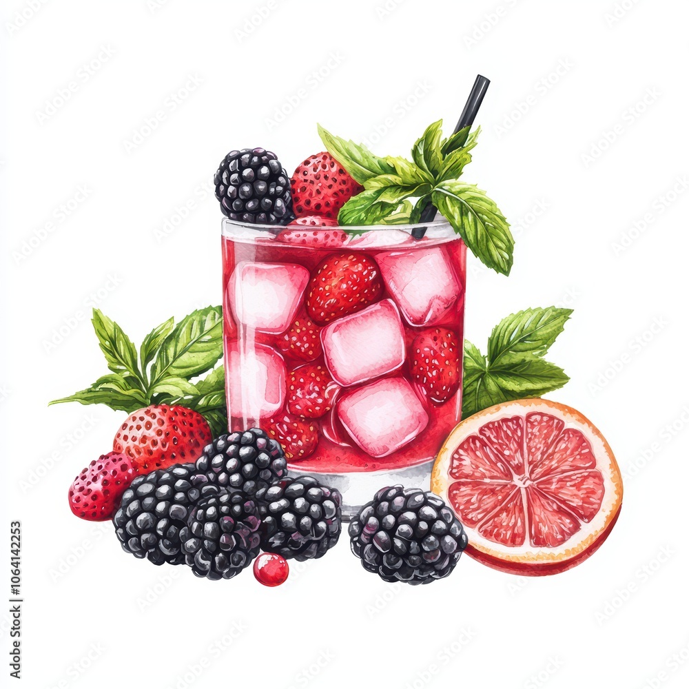 Colorful cocktail with berries and mint on a white isolated background. Colorful cocktail with berries and mint on a white isolated background.