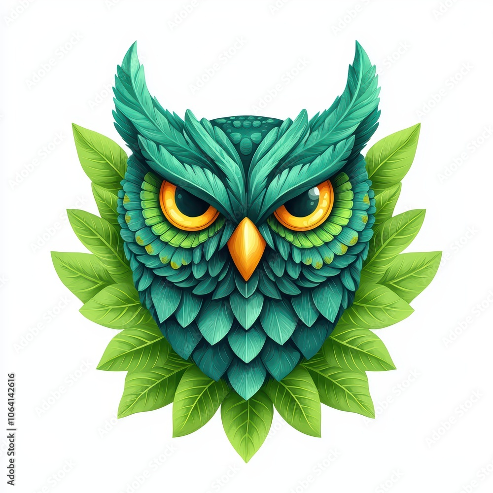 Fototapeta premium Colorful owl illustration with vibrant green feathers and eyes, surrounded by lush leaves, white isolate background.