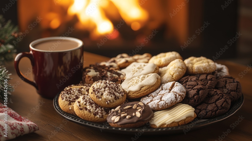 Festive plate of Christmas cookies with a hot chocolate mug, fireplace glowing warmly in the background, cozy scene Festive plate of Christmas cookies with a hot chocolate mug, fireplace glowing warmly in the background, cozy scene