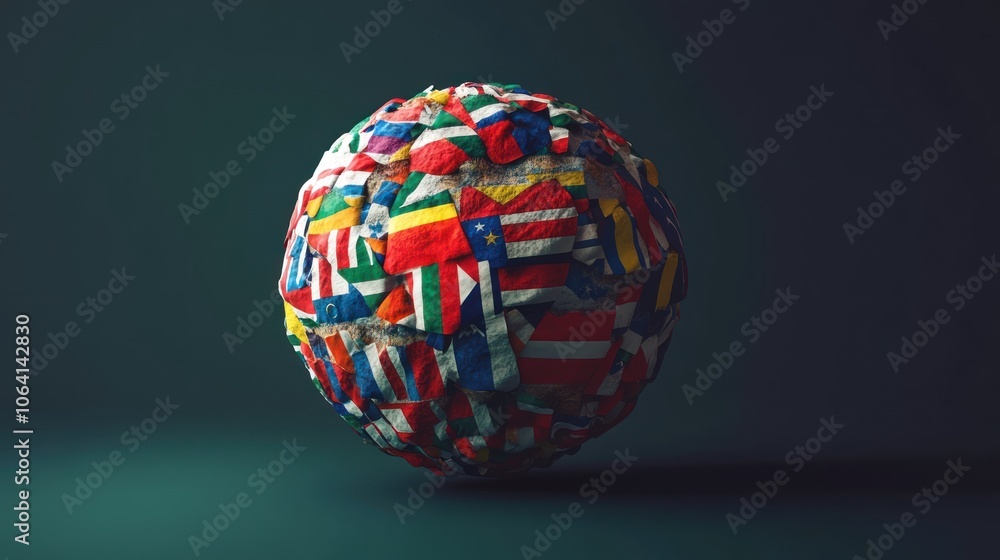 A 3D rendering of a sphere composed of numerous flags from around the world against a dark green background. A 3D rendering of a sphere composed of numerous flags from around the world against a dark green background.