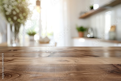 Empty wooden table top with blurry kitchen background for product display.