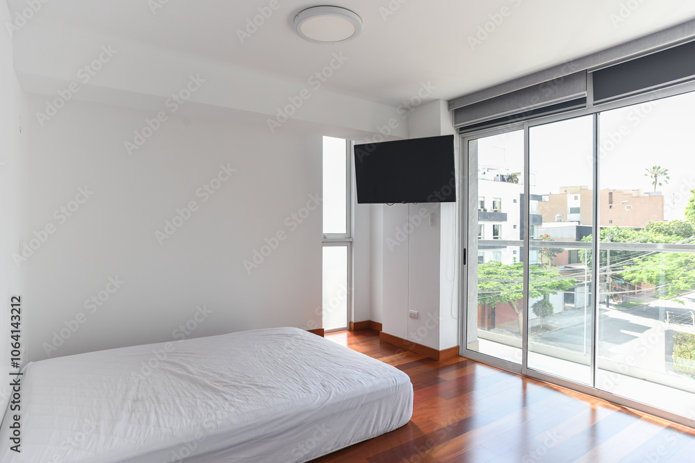 Obraz premium cuarto de habitacion de casa o departamento moderno con cama y acabados de lujo con vista externa y luminaria en techo y paredes