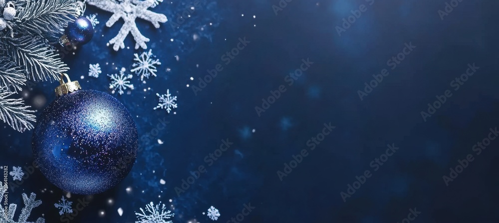 Fototapeta premium Dark blue background with white snowflakes and decorations on the left side, a Christmas ornament in a dark royal blue color with a shiny, reflective surface Generative AI